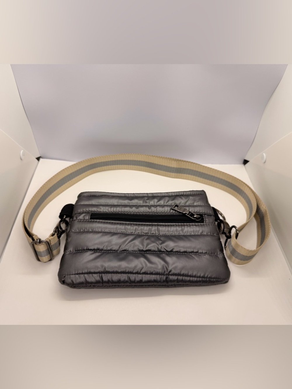 THINK ROYLN Quilted Crossbody Bag in Black with Beige-Gray Stripe Strap - Picture 2 of 13